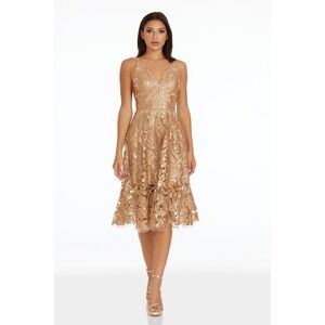 New No Tags Dress the population Gold Lace Fit & Flare Midi Dress  Cocktail  XS